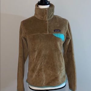 Patagonia, Brown and turquoise fleece jacket.